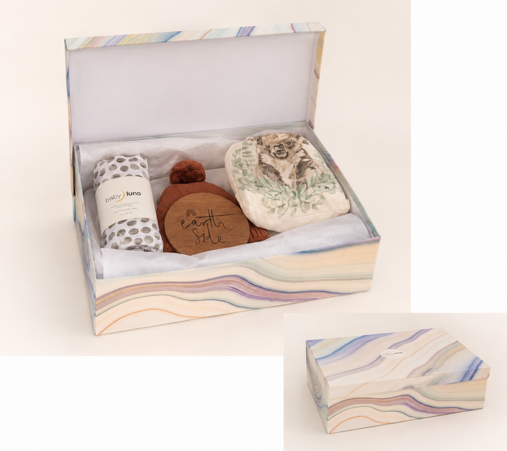 Example baby luno gift box open with baby gifts
