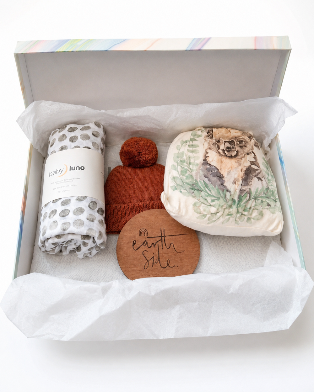 Example baby luno gift box open with baby gifts