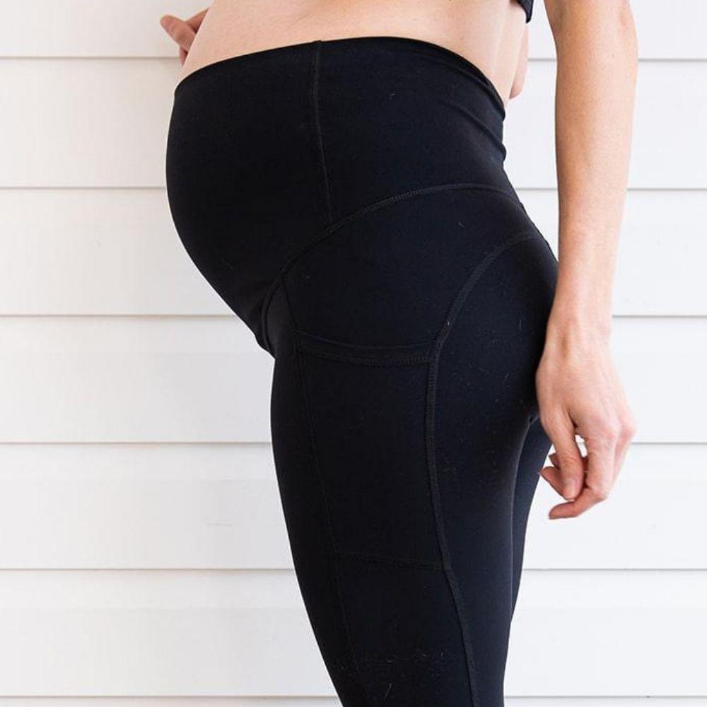 Maternity Leggings - Mama Love Pregnancy & Postpartum 3/4 Length Black Pockets