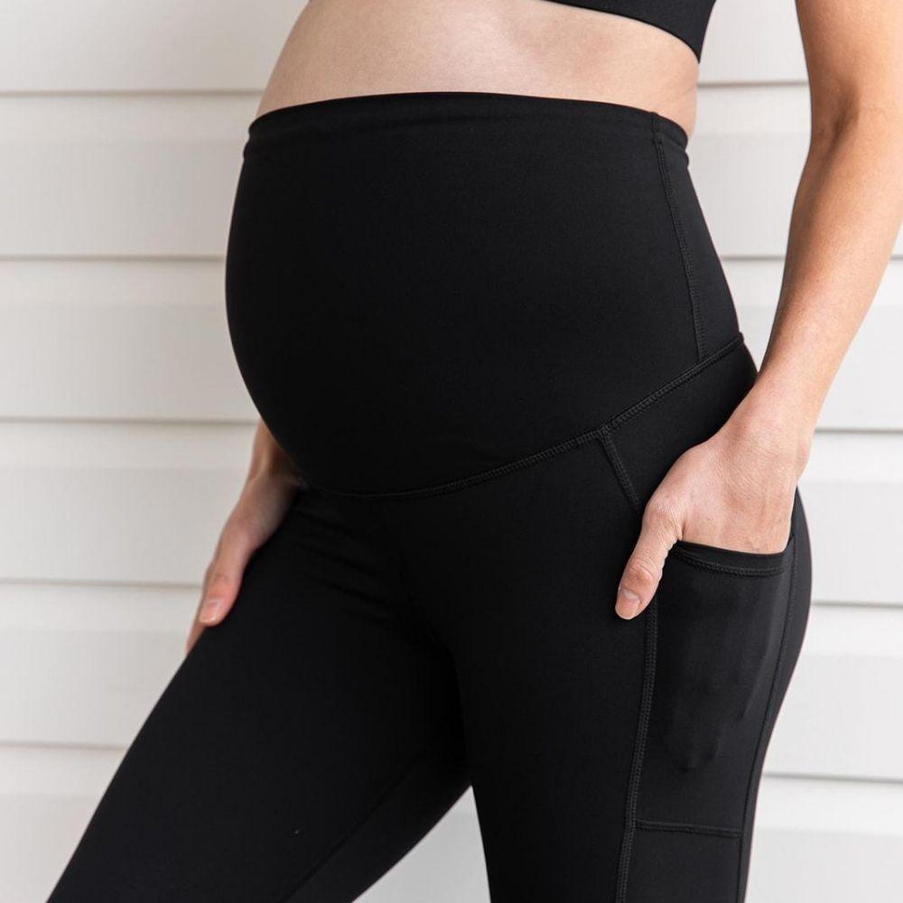 Maternity Leggings - Mama Love Pregnancy & Postpartum 3/4 Length Black Pockets