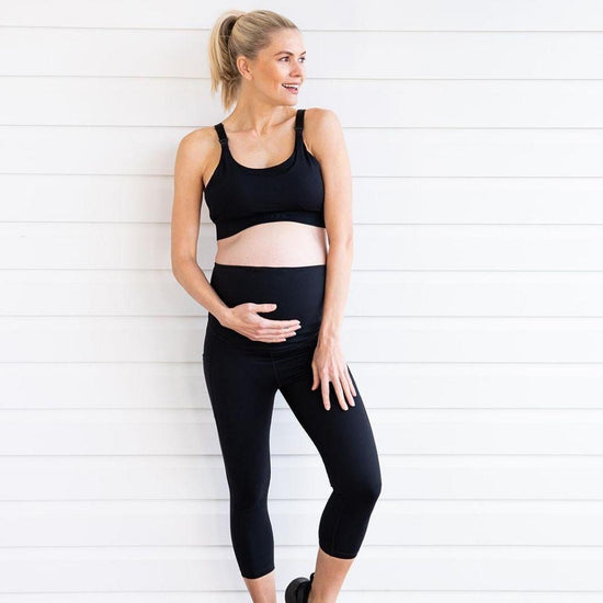 Maternity Leggings - Mama Love Pregnancy & Postpartum 3/4 Length Black Pockets